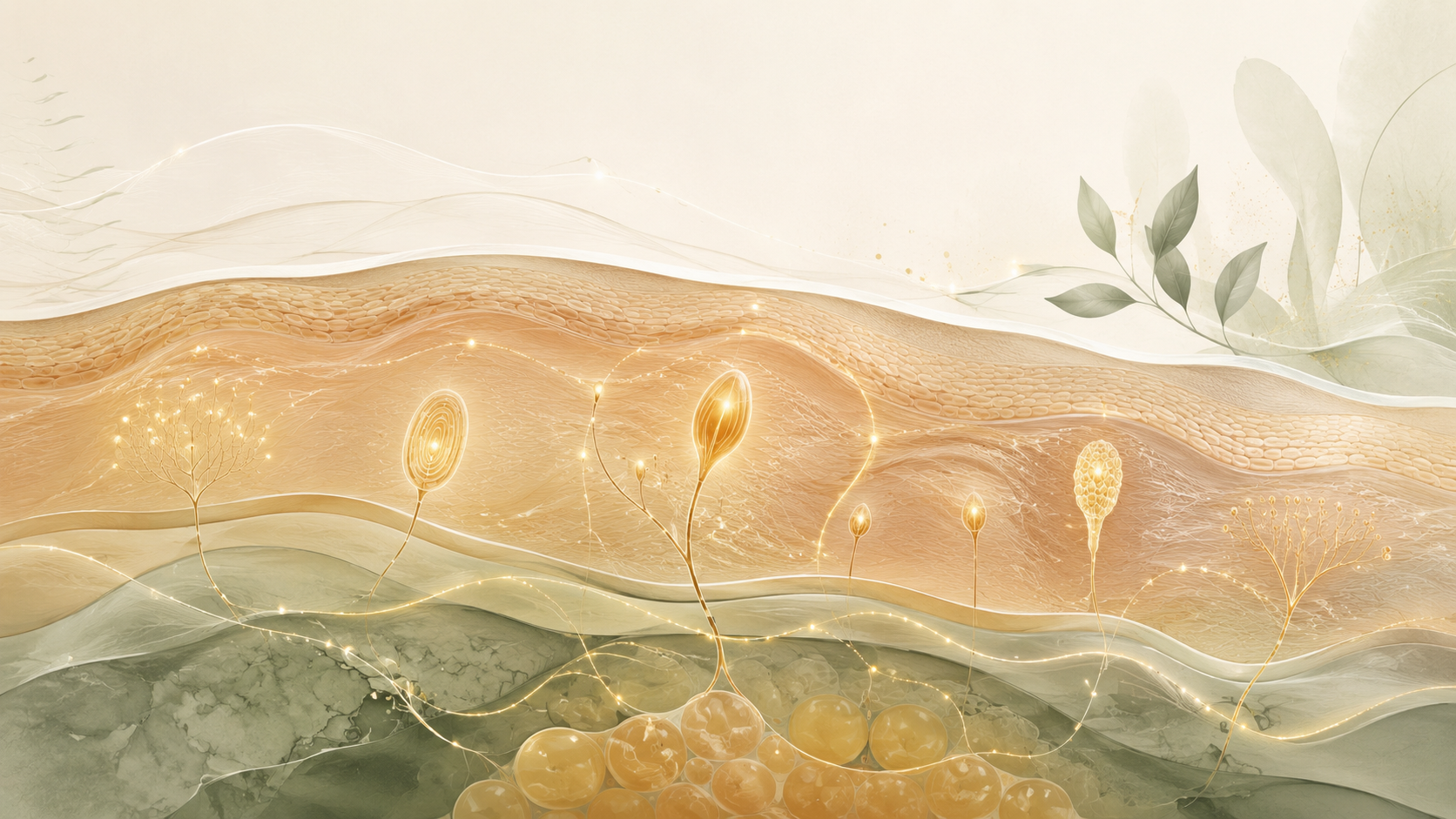 Abstract illustration of skin-layer receptors in sage and amber on a cream background
