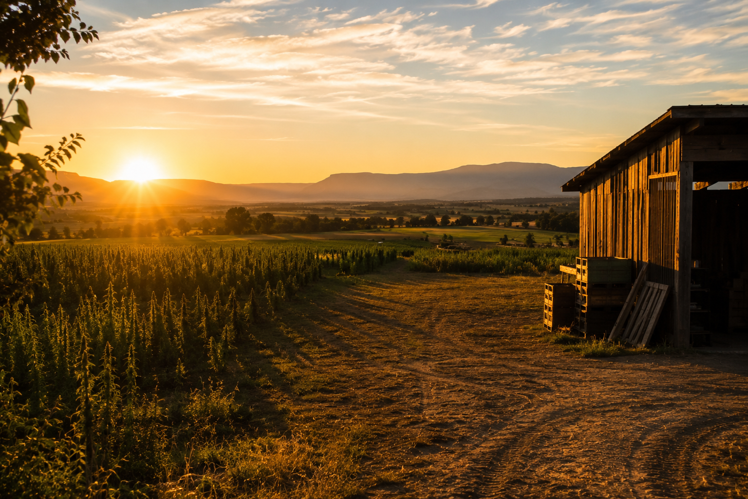 Golden-hour field with long shadows, a wide rural landscape after a day of work