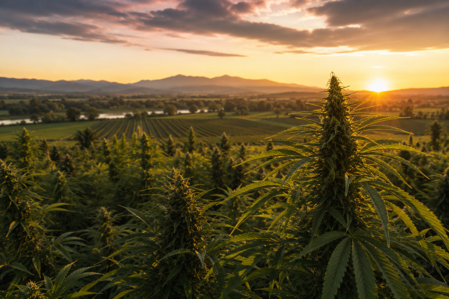 Hemp field and family farm in golden-hour Columbia Basin light