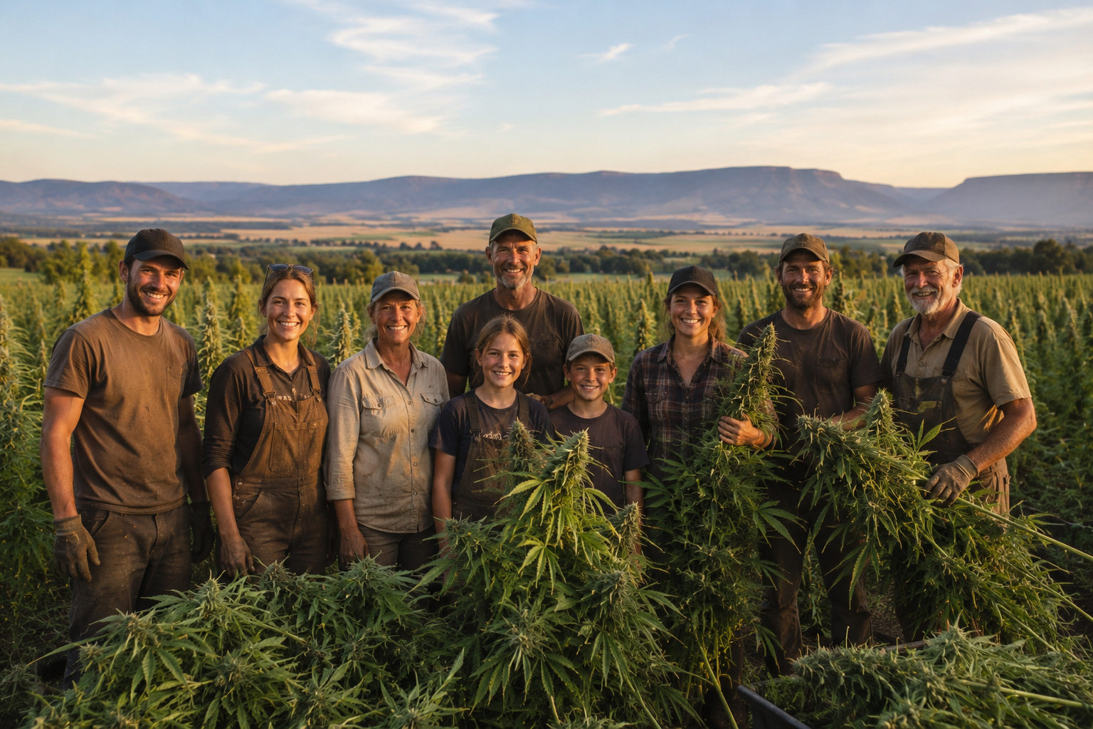 Family farm team in a hemp field at harvest